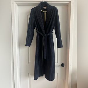 Navy/White Pinstripe Long Trench Coat with waist wrap